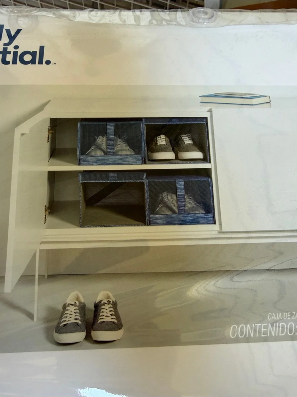Simply Essential Set of 4 Mesh Shoe Boxes Blue with White Stripes New